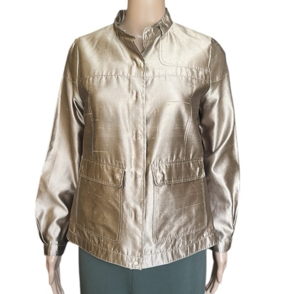 S MaxMara Silk Shantung Metallic Taupe Lightweight Shirt Jacket Women's XS